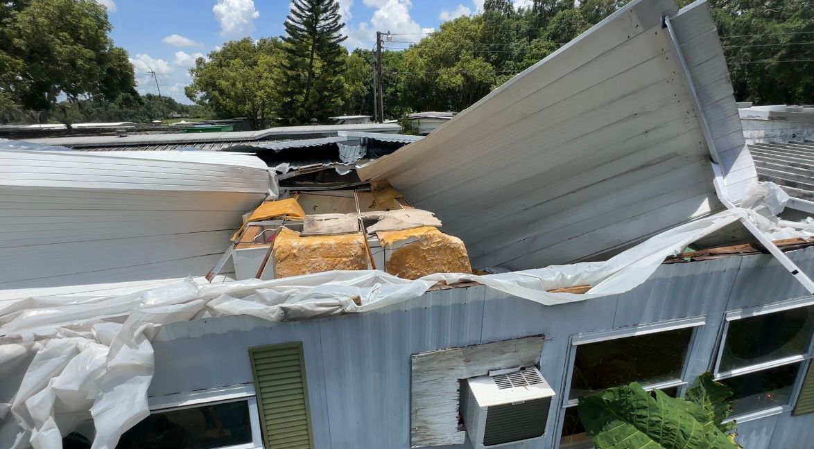 A mobile home at Lake Deeson Village in Lakeland was damaged during a storm on June 10. (Spectrum News)