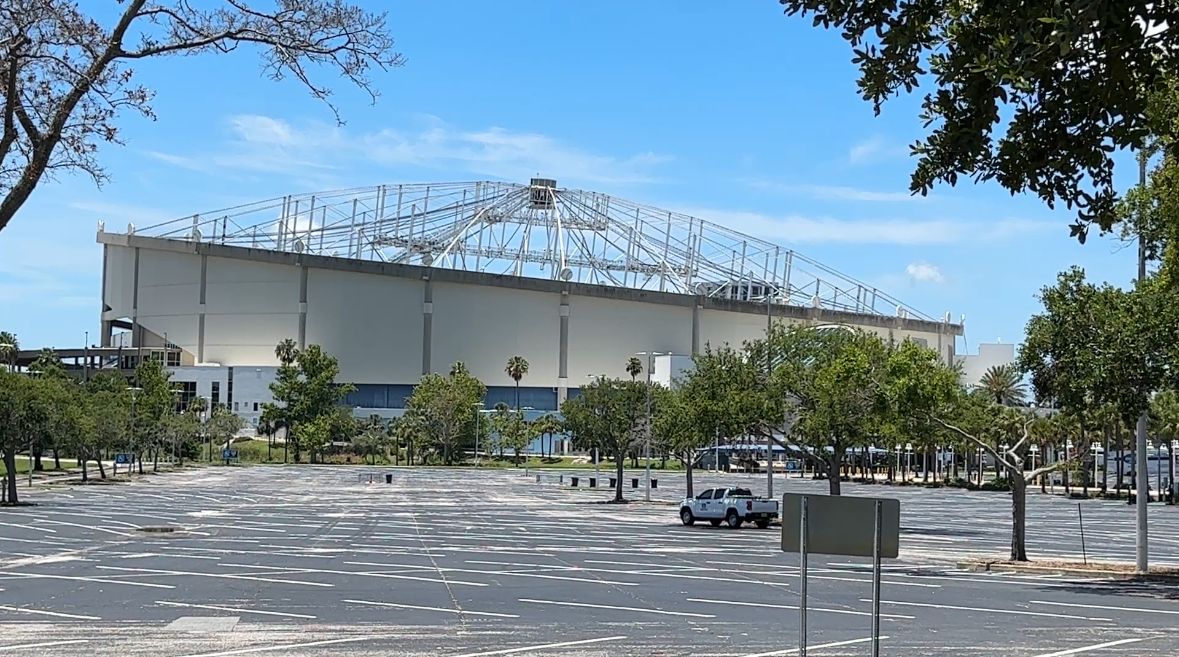 Tropicana Field without its Teflon-coated fiberglass roof as seen on June 17, 2025. (Spectrum News/Tim Kania)