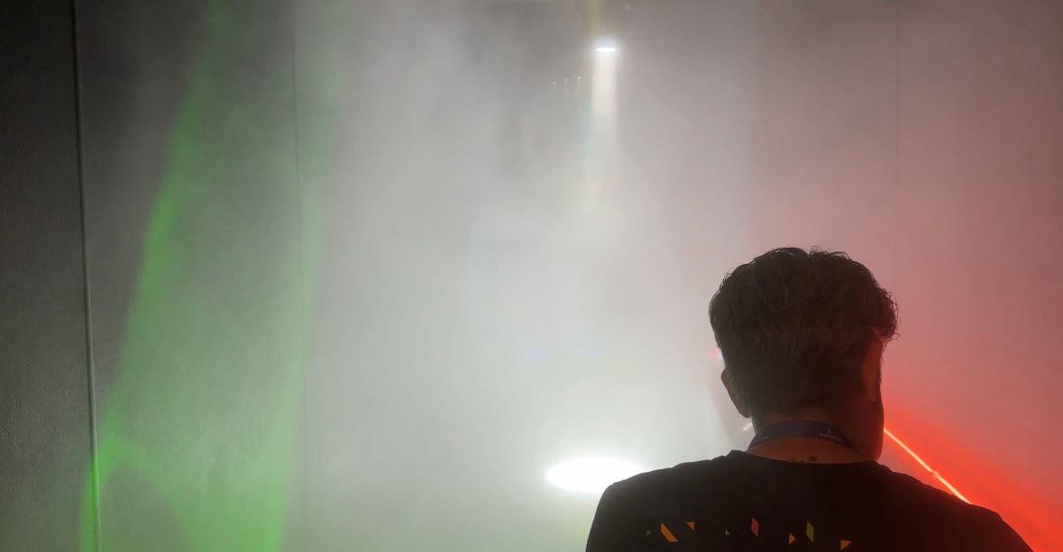 Shari Brady in the fog tunnel at the Kaleideum.