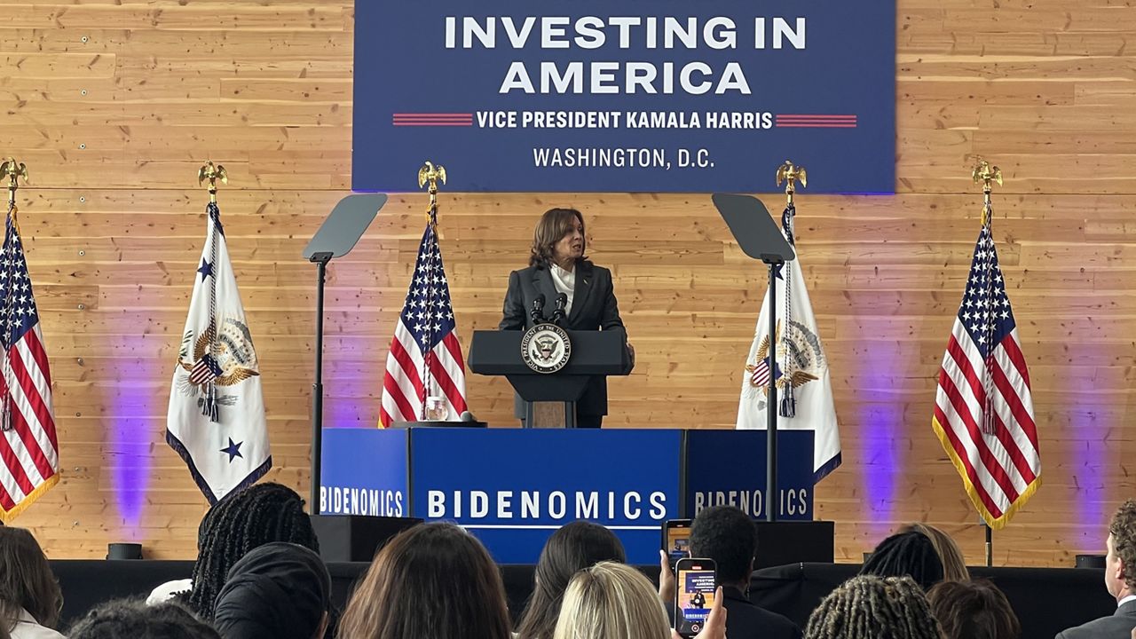 Vice President Kamala Harris delivers remarks Friday during a visit to new minority-owned retail village Sycamore and Oak in southeast Washington, D.C. (Spectrum News)