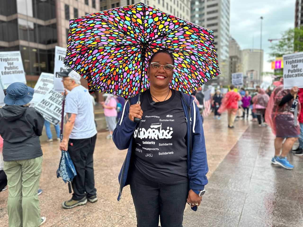 Regina Fuentes, Columbus Education Association spokesperson and high school English teacher, attends the rally at the Statehouse.