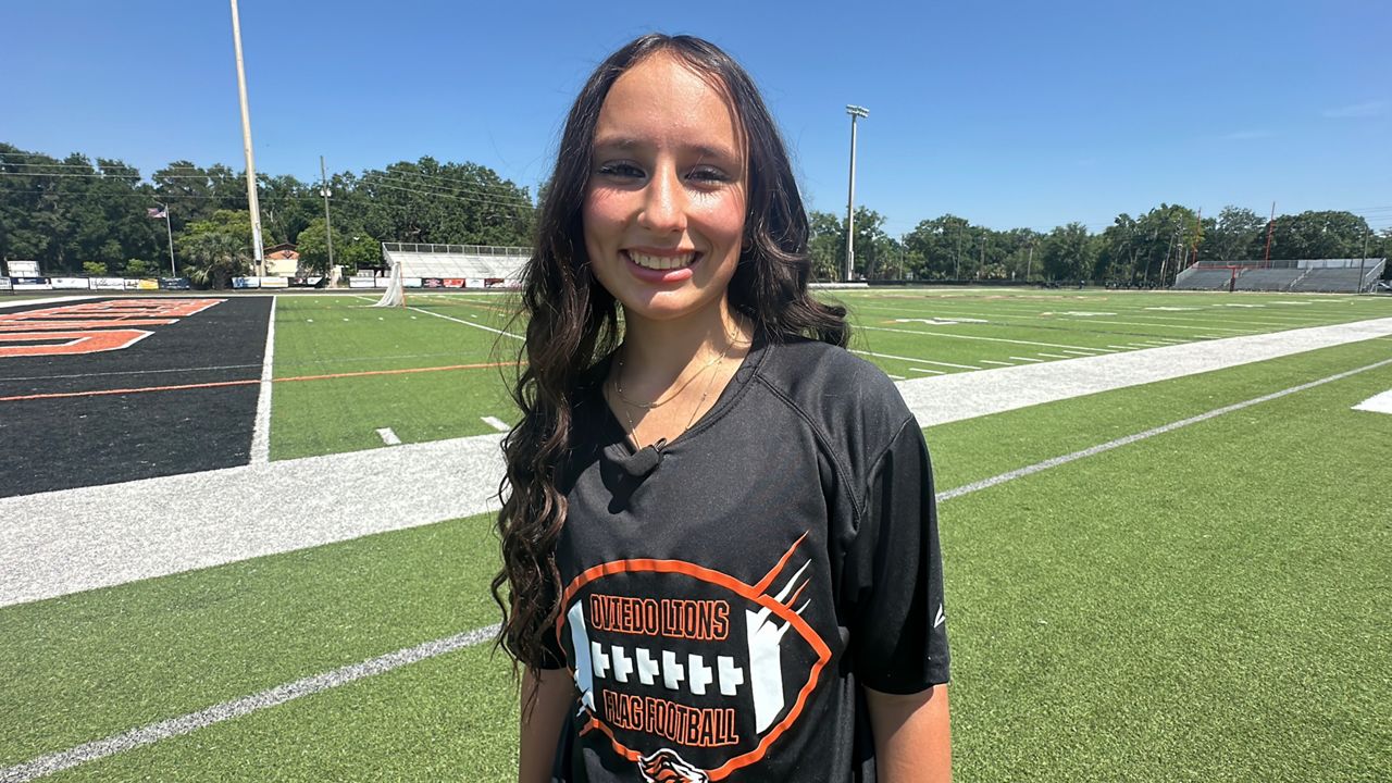 Eva Decesare played flag football for two years at Oviedo. During her time, she played both on offense and defense for the Lions, which helped her earn a scholarship at Kansas Wesleyan University in Salina, Kansas. (Spectrum News/Nick Allen)