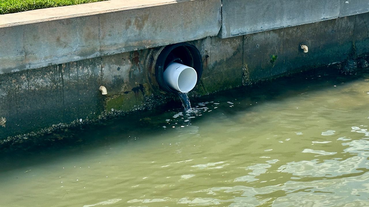 Pinellas County resident Tom Beckwith had a PVC pipe installed in the backflow preventer on his seawall outfall to keep it open on Sunday, which Public Works does not authorize. (Spectrum News/Josh Rojas)