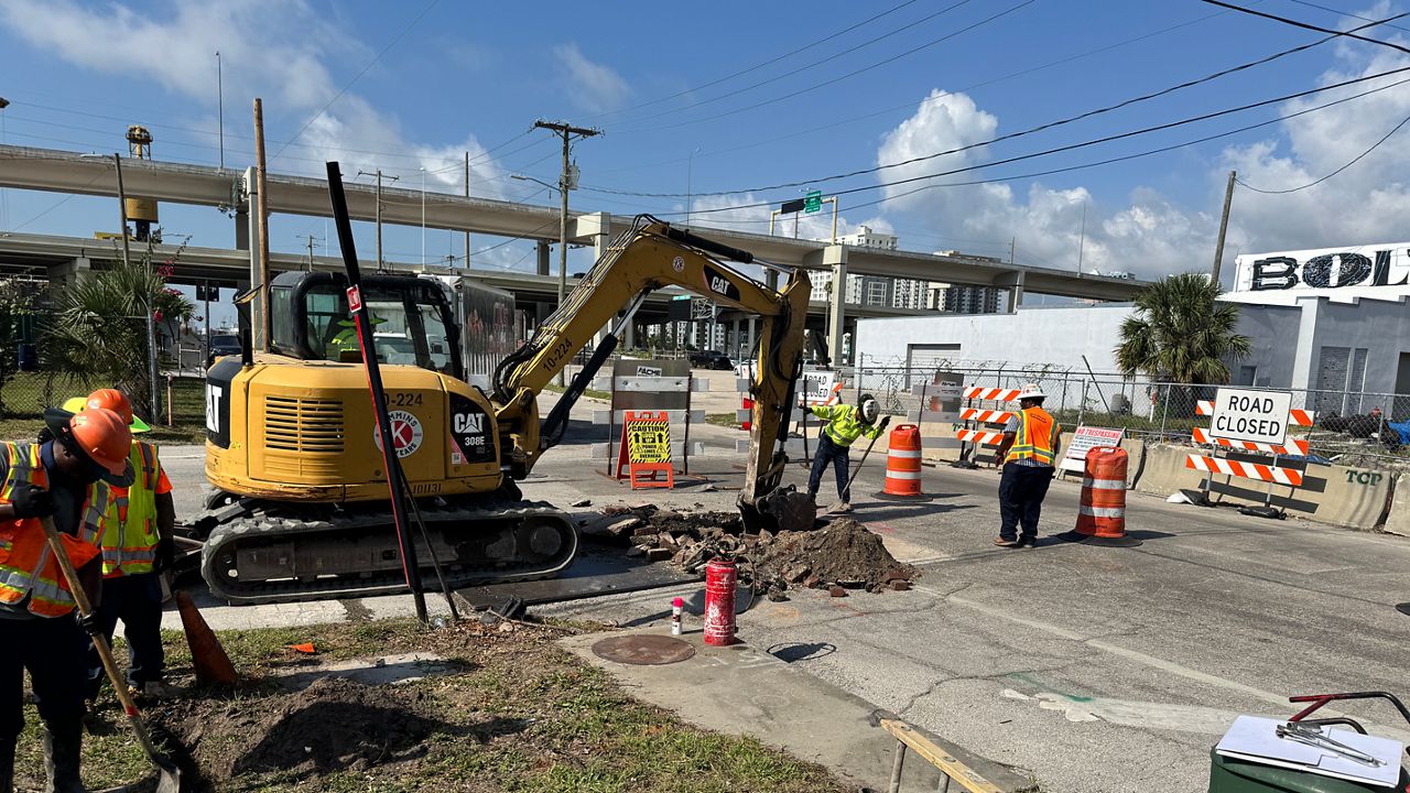 City of Tampa crews work to repair an Ybor City stormwater cave-in on Tuesday (Spectrum News/Chris McDonald).