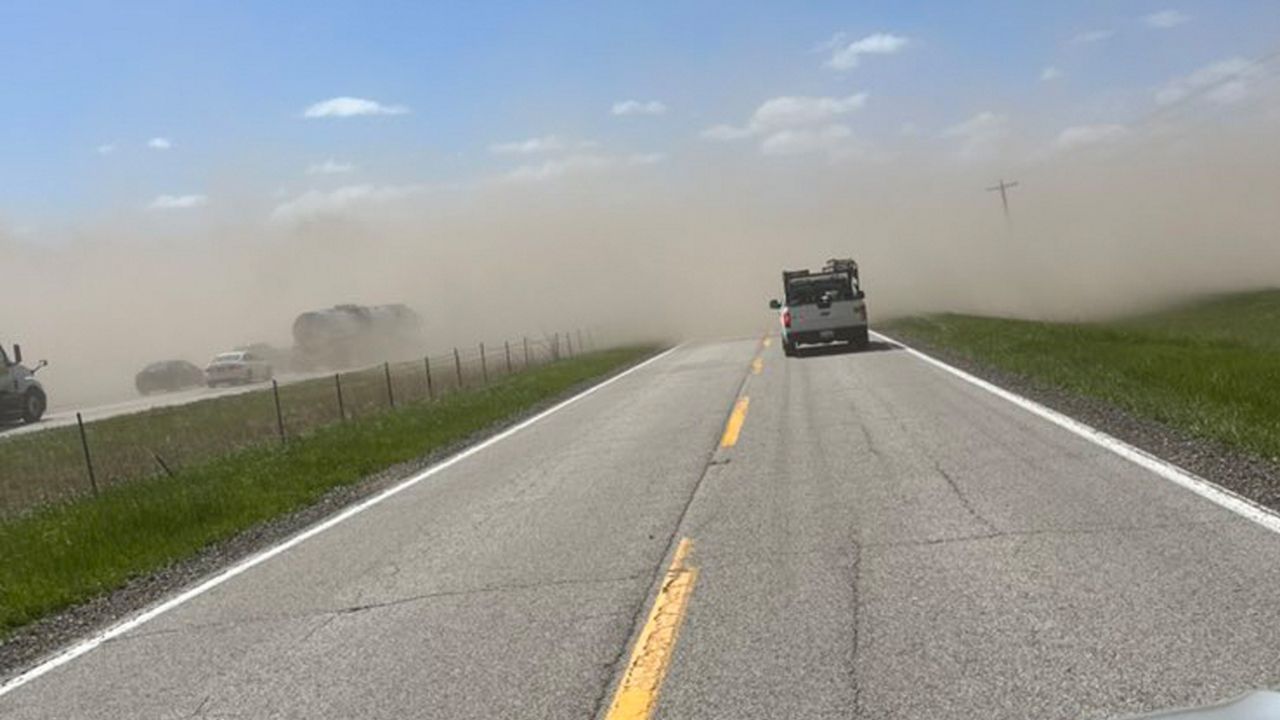 A dust storm led to near blackout conditions along I-55 in Illinois Monday, May 1, 2023. (Courtesy: Thomas DeVore/Facebook)