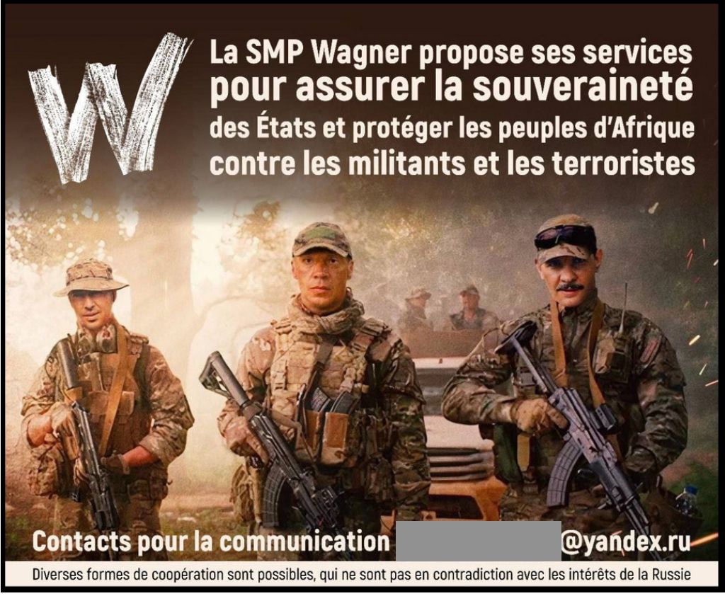 A French-language advertisement recruiting people to join the Wagner Group, the Russia-aligned mercenary army, to help "ensure the sovereignty of countries and to protect the people of Africa against militants and terrorists,” according to a translation by researchers at the Institute for Strategic Dialogue. (Courtesy of the Institute for Strategic Dialogue)