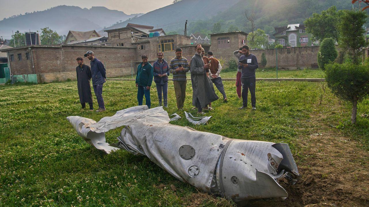 Debris of an aircraft lie in the compound of a mosque at Pampore in Pulwama district of Indian controlled Kashmir, Wednesday, May 7, 2025. (AP Photo/Dar Yasin)