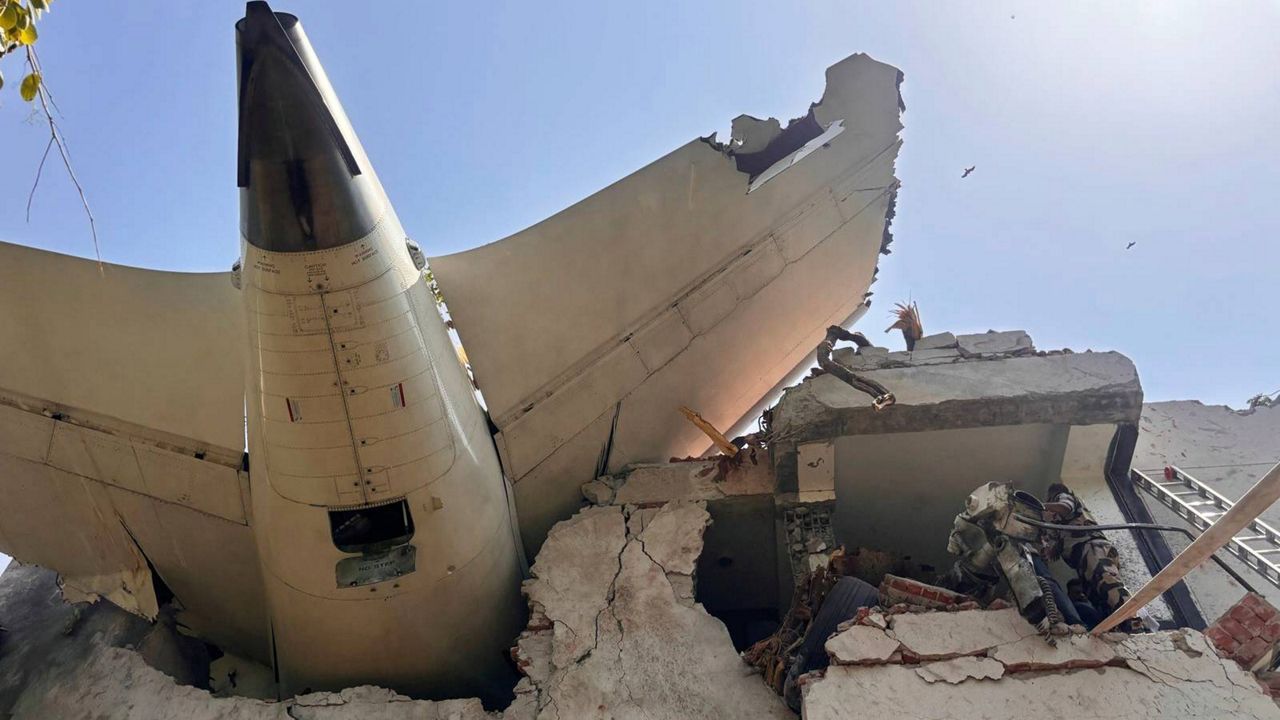 This photo shared by India's Central Industrial Security Force (CISF) shows debris of a plane that crashed in the northwestern Indian city of Ahmedabad, in Gujarat state, Thursday, June 12, 2025. (CISF via AP)