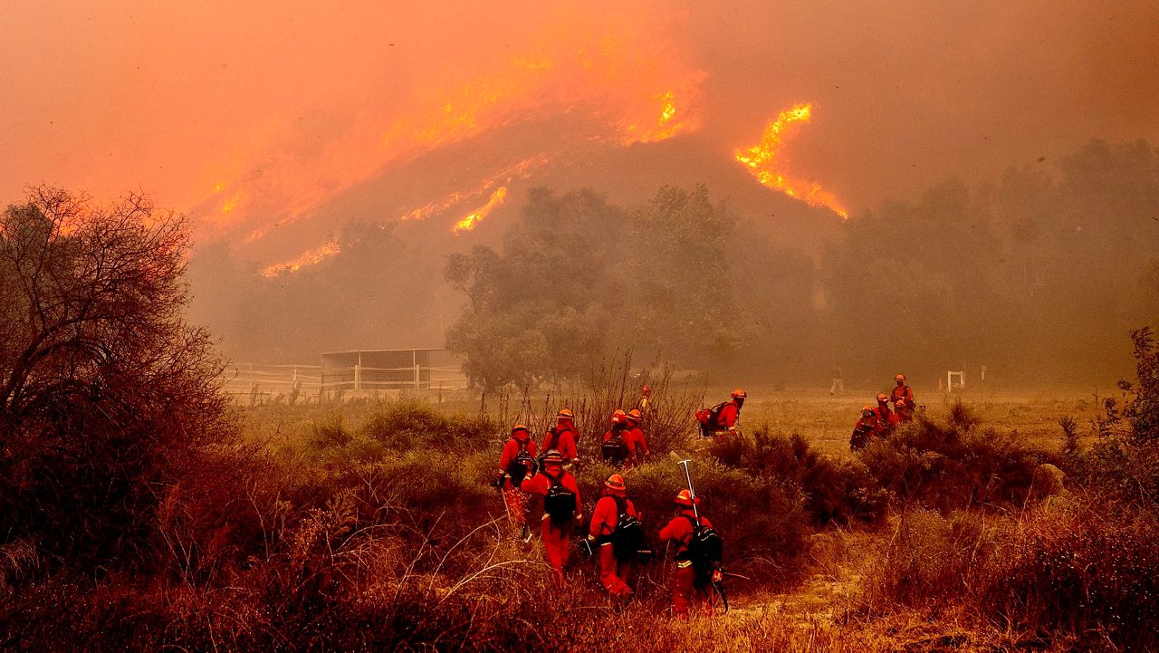 Inmate firefighters battle the Mountain Fire at Swanhill Farms in Moorpark, Calif., Nov. 7, 2024. (AP Photo/Noah Berger)