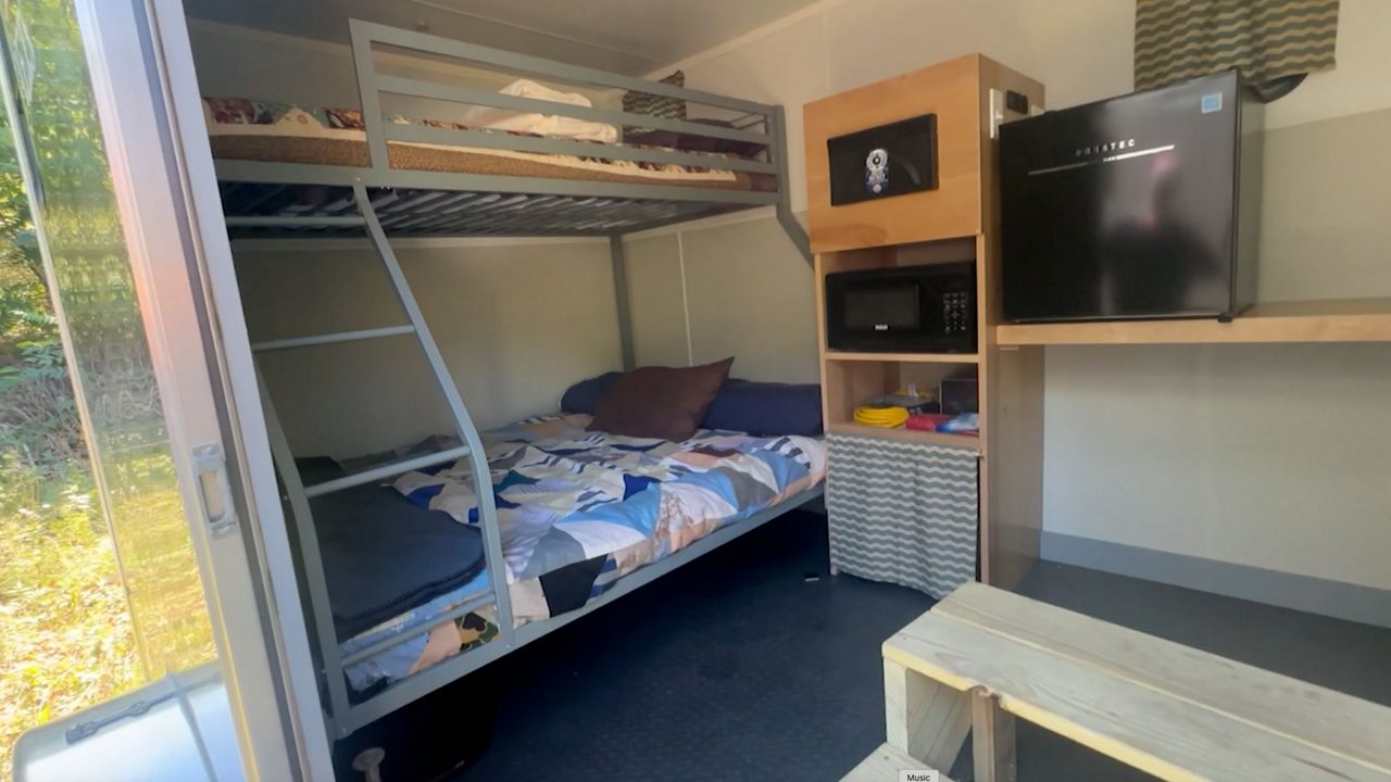 The inside of one of the campers Ed Harmon's nonprofit, Boothbay VETS, provides for homeless veterans. Harmon said it's small, but to someone who has been living on the street, "it's a palace." (Spectrum News/Sean Murphy)