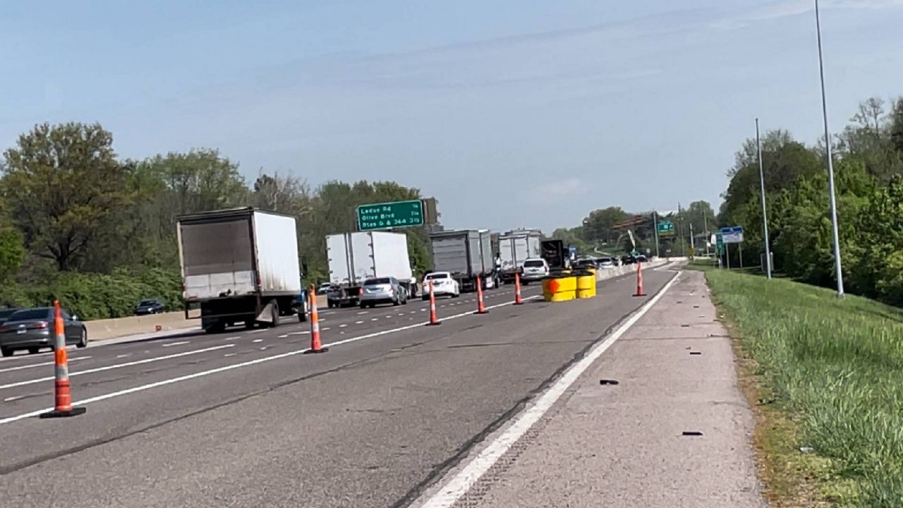 Construction cones are lined up on the northbound side of Interstate 270 in Creve Coeur, as part of a Missouri Department of Transportation project to rehab and replace bridges along the busiest interstate highway in Missouri. (Spectrum News/Gregg Palermo)