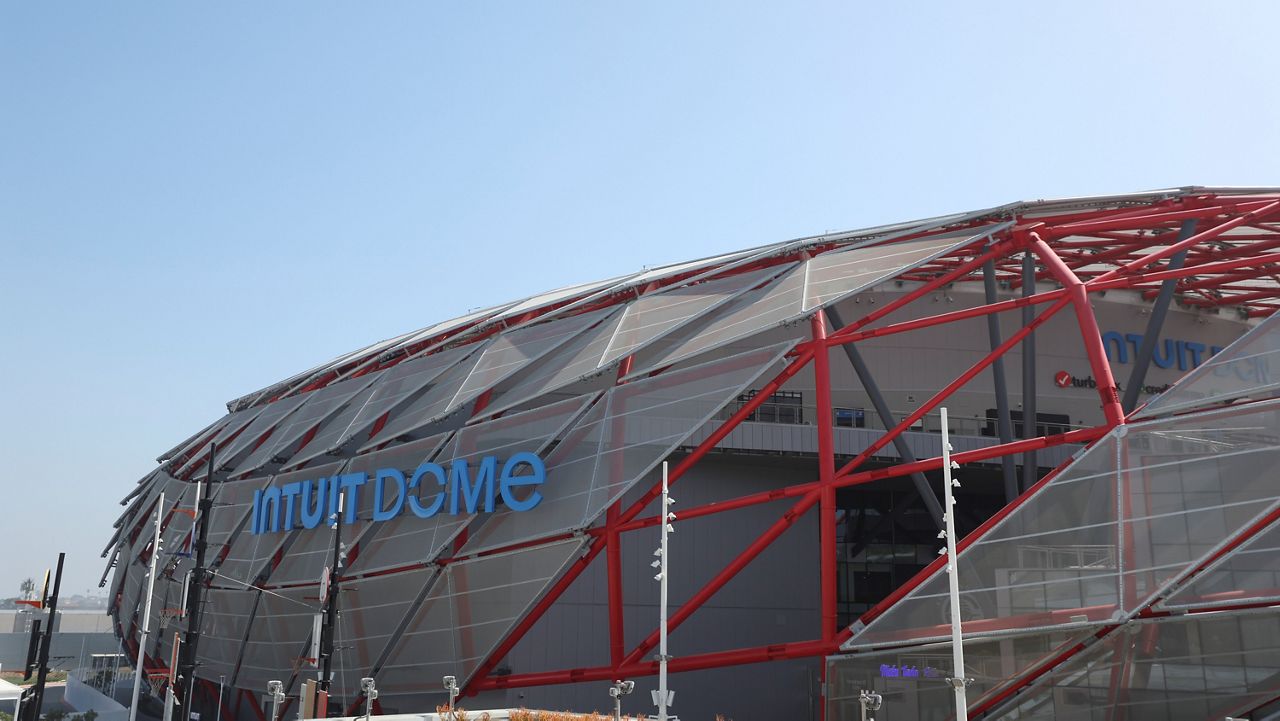 The exterior of the new Intuit Dome is seen during the LA Clippers' NBA basketball team's media day, Sept. 30, 2024, in Inglewood. (AP Photo/Ryan Sun, File)