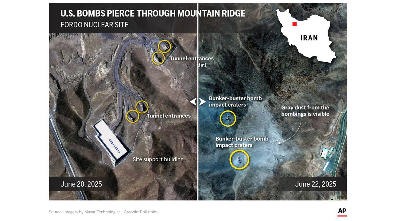 The image above is a frame grab of a before and after interactive slider that compares Iran's Fordo nuclear facility before and after U.S. bombed the site. (AP Graphic)