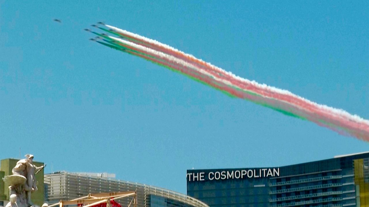 In this image taken from video, Italy's Aeronautica Militare team is known as the Frecce Tricolori, or “Tricolor Arrows” does a flyover Las Vegas Strip, Nevada, Wednesday, July 3, 2024, as part of a North American tour headed to Los Angeles and Huntington Beach, California for the U.S. Independence Day holiday. (AP Photo)