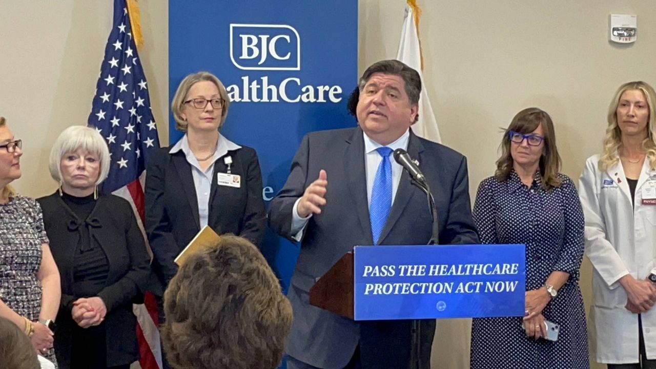 Illinois Gov. J.B. Pritzker spoke in support of the Healthcare Protection Act during a visit Monday to Memorial Hospital in Belleville. (Spectrum News/Gregg Palermo)