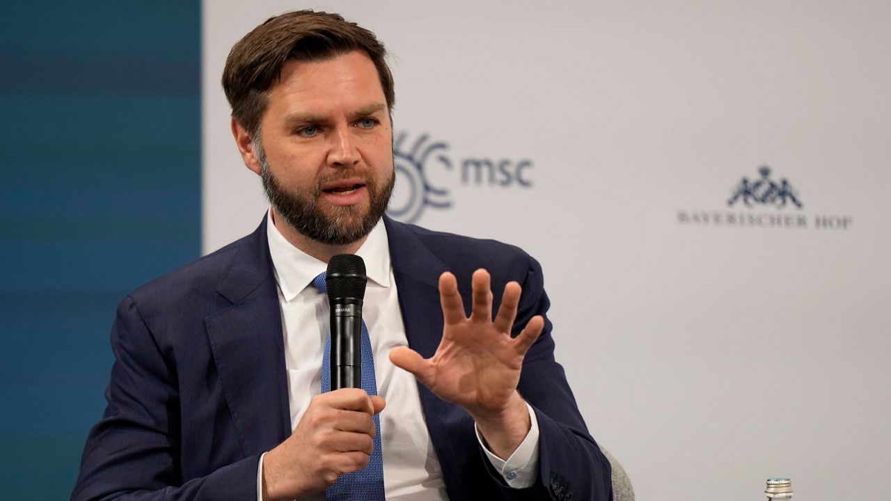 U.S. Sen. J.D. Vance speaks at the Munich Security Conference at the Bayerischer Hof Hotel in Munich, Germany, Sunday, Feb. 18, 2024.