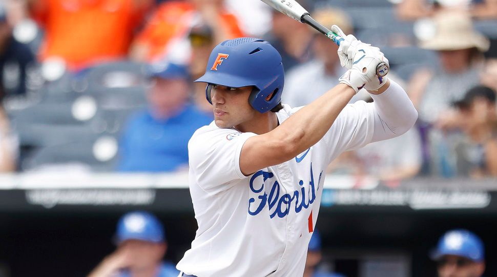 Florida first baseman Jac Caglianone (14) at bat during the NCAA College World Series baseball elimination game against Kentucky on Wednesday, June 19, 2024, in Omaha, Neb. (AP Photo/Mike Buscher)