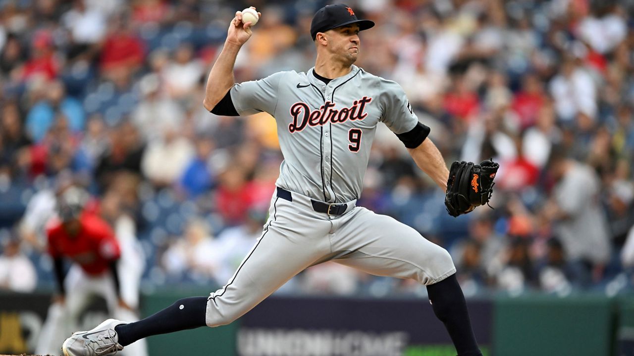 Detroit Tigers starting pitcher Jack Flaherty delivers during the first inning of a baseball game against the Cleveland Guardians, Wednesday, July 24, 2024, in Cleveland. (AP Photo/Nick Cammett)