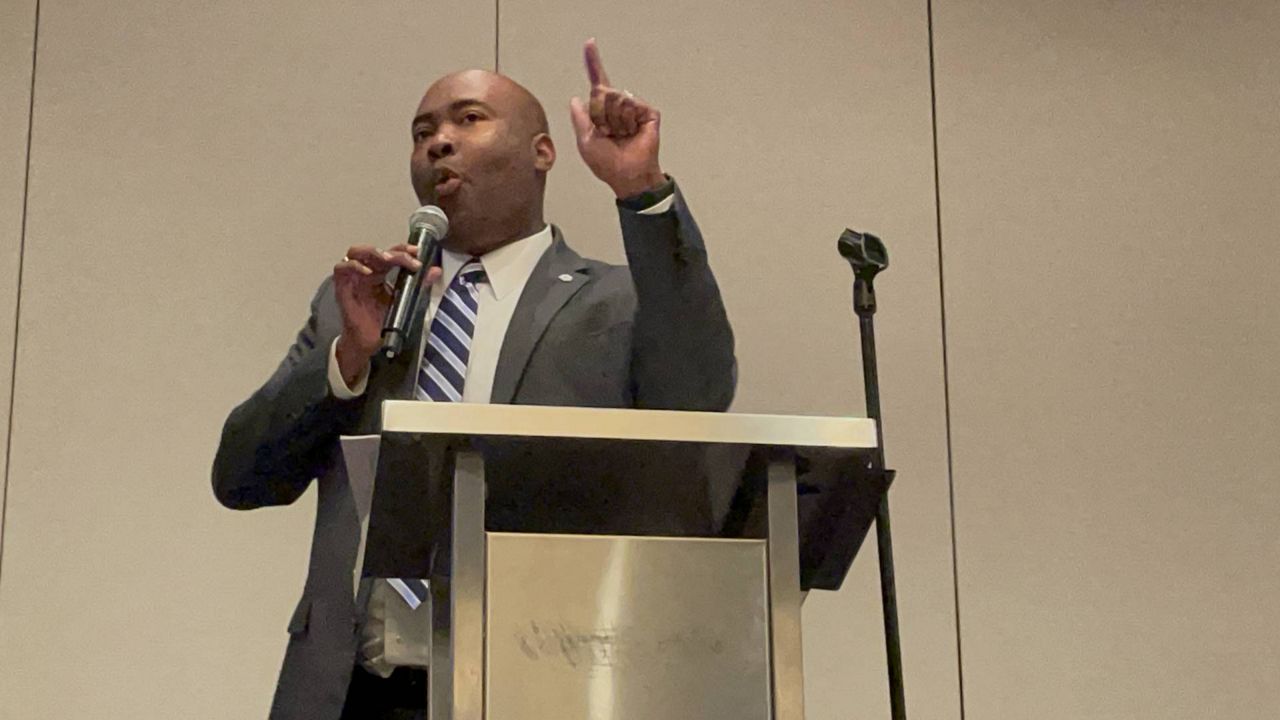 DNC Chair Jaime Harrison addressed Missouri Democrats Wednesday night in St. Louis at the state party's annual Truman Dinner. (Spectrum News/Gregg Palermo)