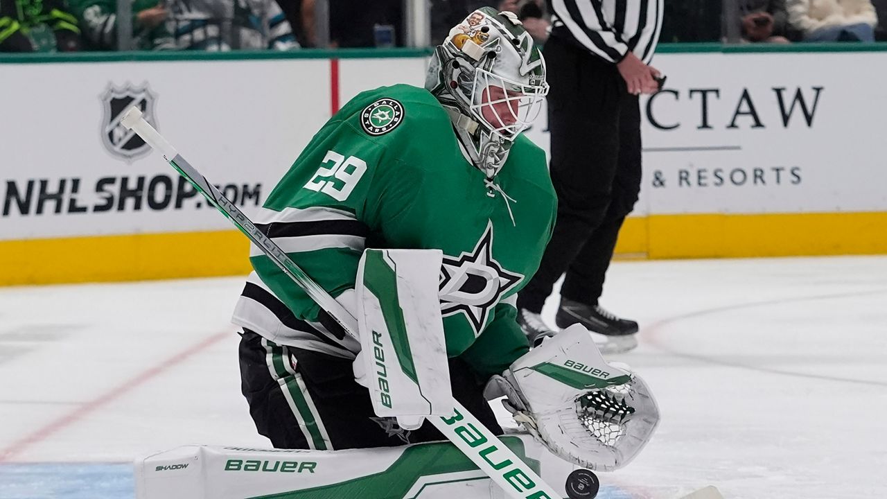 Dallas Stars goaltender Jake Oettinger (29) defends the goal during the second period of an an NHL hockey game against the San Jose Sharks Tuesday, Oct. 15, 2024, in Dallas. (AP Photo/LM Otero)