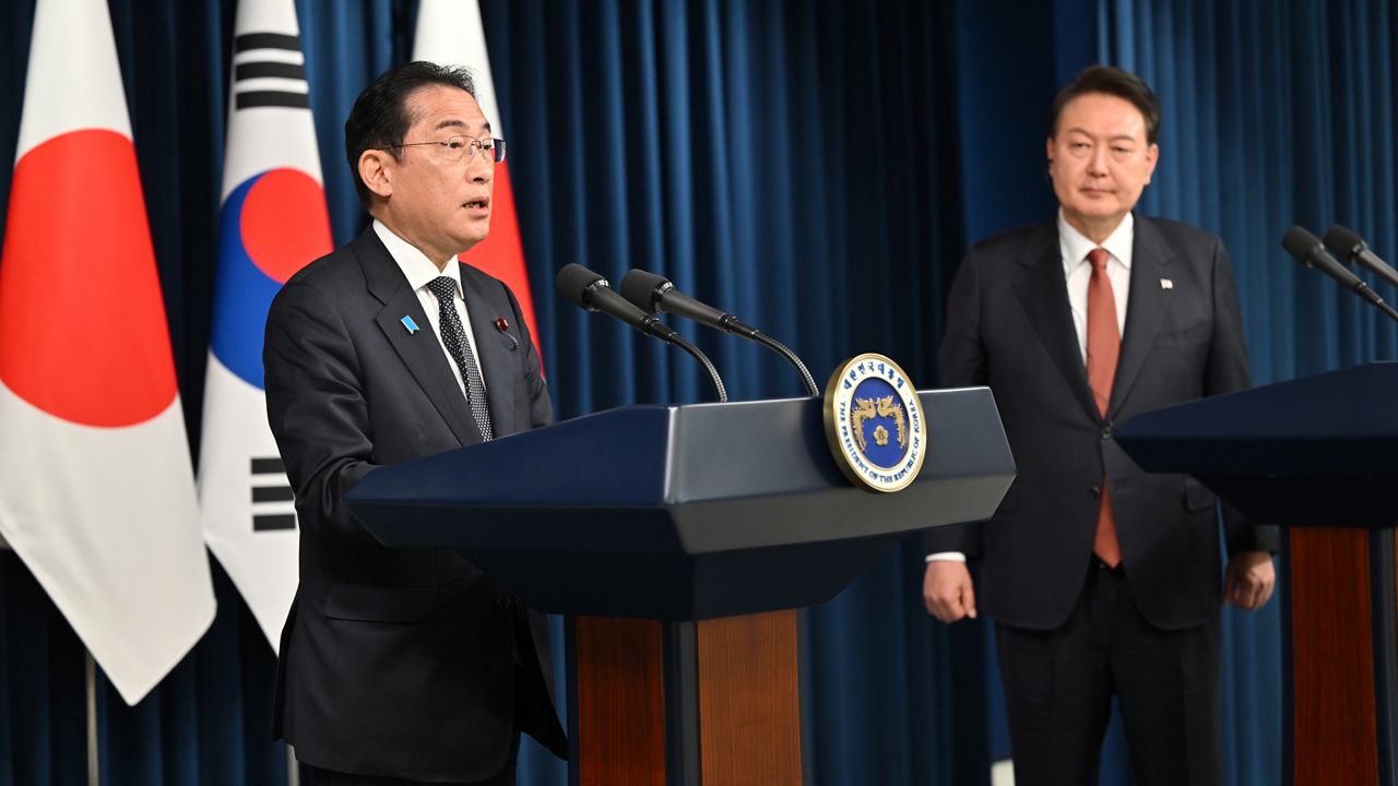 South Korean President Yoon Suk Yeol, right, and Japanese Prime Minister Fumio Kishida attend a joint press conference after their meeting at the presidential office in Seoul Sunday, May 7, 2023. The leaders of South Korea and Japan met Sunday for their second summit in less than two months, as they push to mend long-running historical grievances and boost ties in the face of North Korea’s nuclear program and other regional challenges. (Jung Yeon-je/Pool Photo via AP)