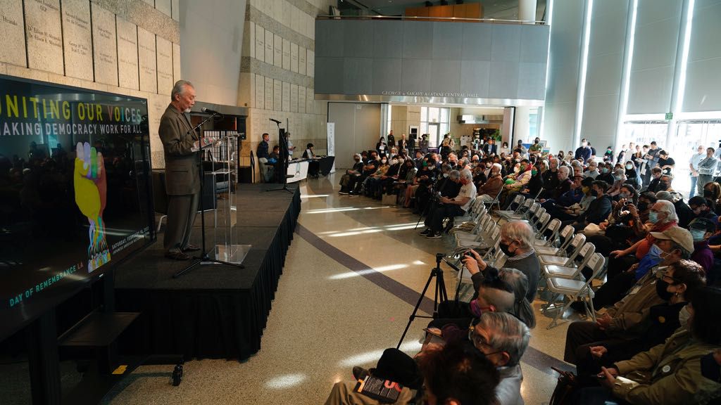 Richard Katsuda, educator and co-chair of Nikkei for Civil Rights and Redress opens the LA Day of Remembrance at the Japanese American National Museum in Los Angeles, Feb. 18, 2023. (AP Photo/Damian Dovarganes, File)