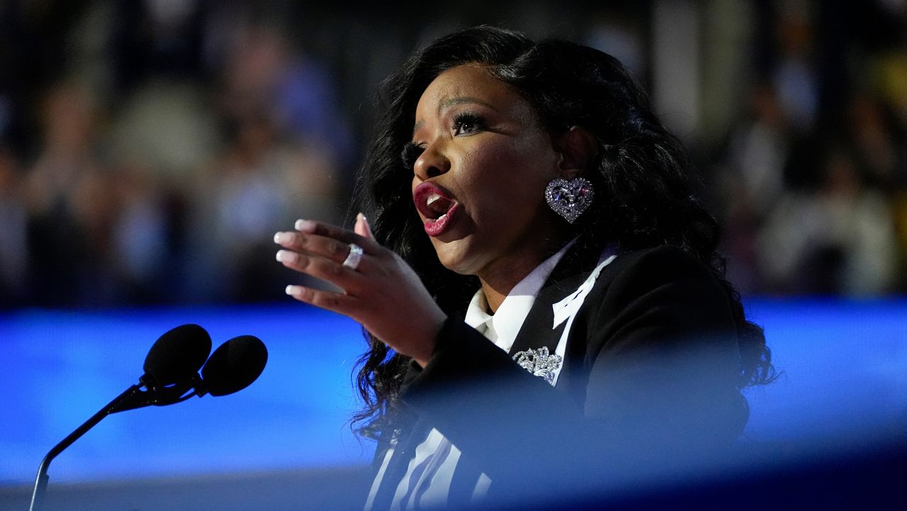 Rep. Jasmine Crockett, D-Texas, speaks during the first day of Democratic National Convention, Monday, Aug. 19, 2024, in Chicago. (AP Photo/Stephanie Scarbrough)