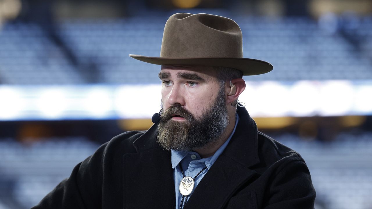 ESPN countdown analyst Jason Kelce before a Monday night NFL football game between the Houston Texans and the Dallas Cowboys on Monday, Nov. 18, 2024, in Arlington, Texas. (AP Photo/Matt Patterson)