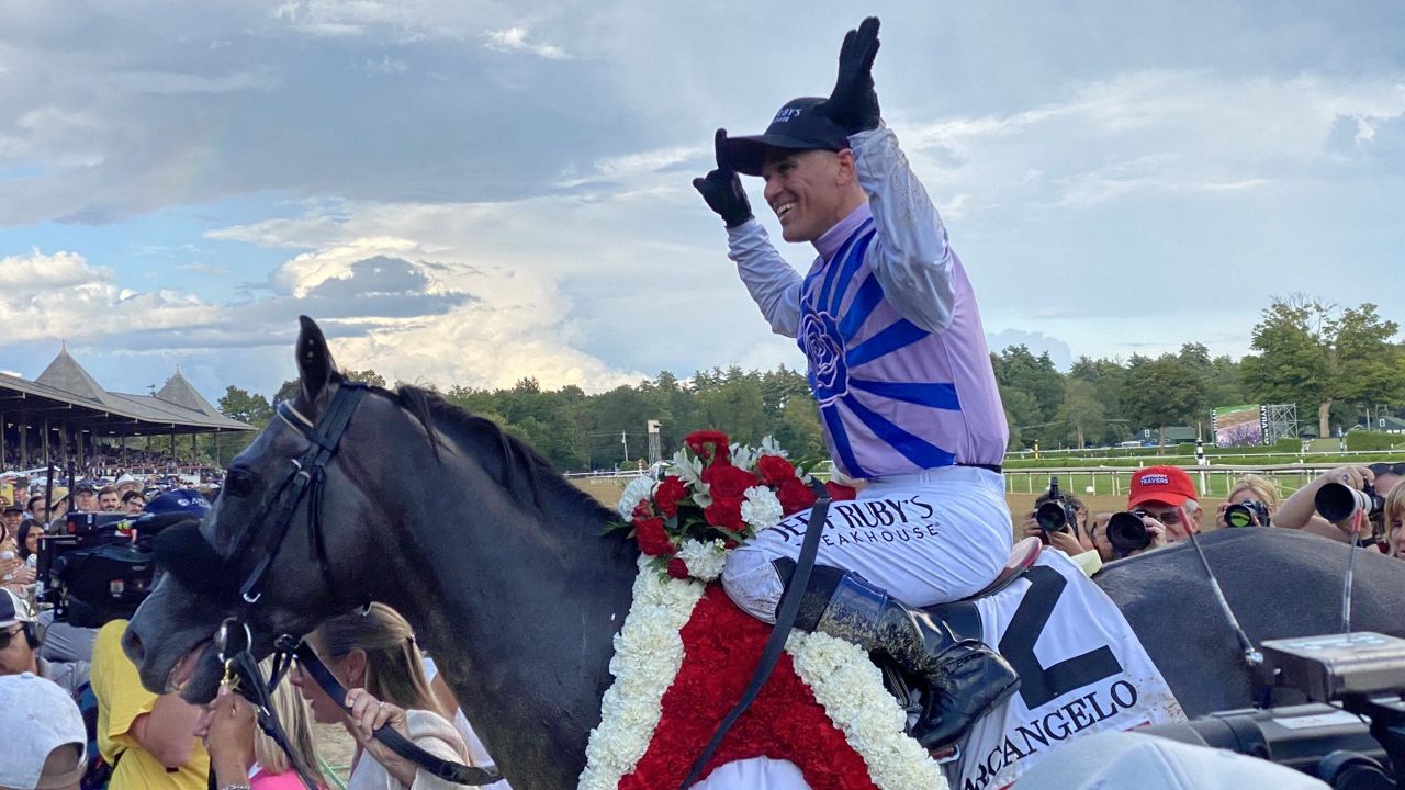 Javier Castellano aboard Arcangelo after winning the 154th Travers Stakes (Marisa Jacques)