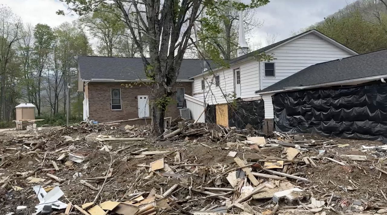A damaged church in Yancey County North Carolina months after Helene