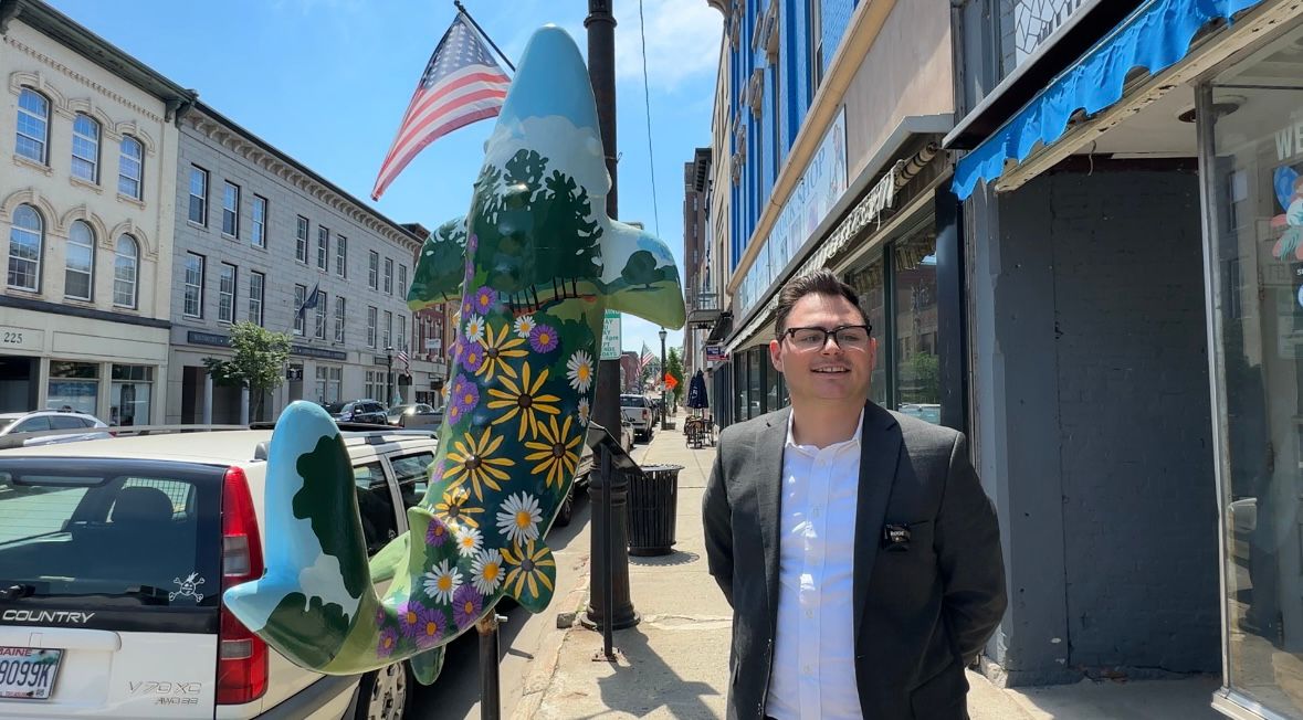 Jeremy Ashlock, executive director of the Augusta Downtown Alliance, says this is the last year the sturgeon art display will be in the downtown, but that the fish will continue to draw visitors to the banks of the Kennebec River. (Spectrum News/Susan Cover)