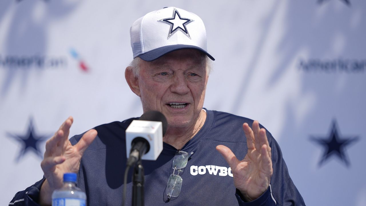 Dallas Cowboys owner Jerry Jones speaks during a news conference before an NFL football practice Thursday, July 25, 2024, in Oxnard, Calif. (AP Photo/Ryan Sun)