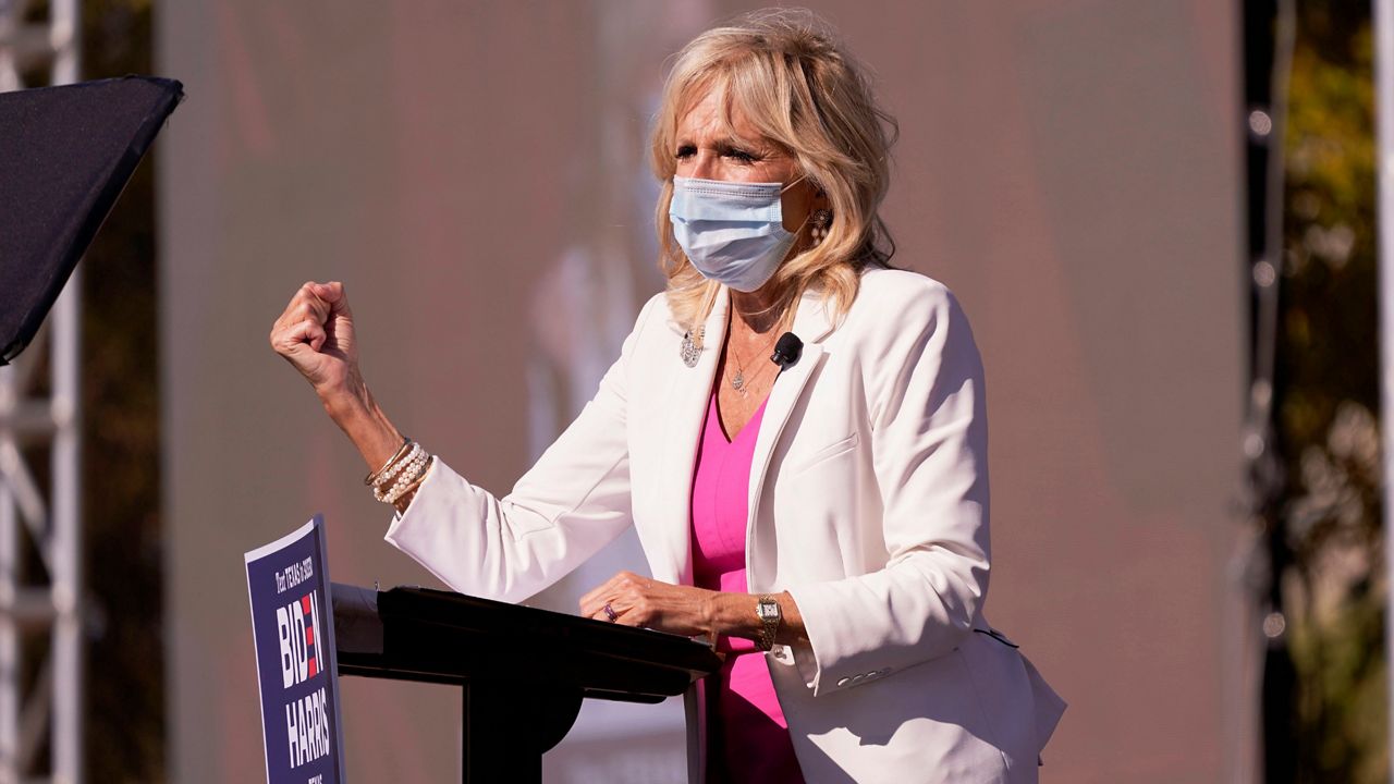 Dr. Jill Biden speaks while campaigning for her husband and former Vice President Joe Biden at Fair Park Tuesday, Oct. 13, 2020, in Dallas. (LM Otero/AP)