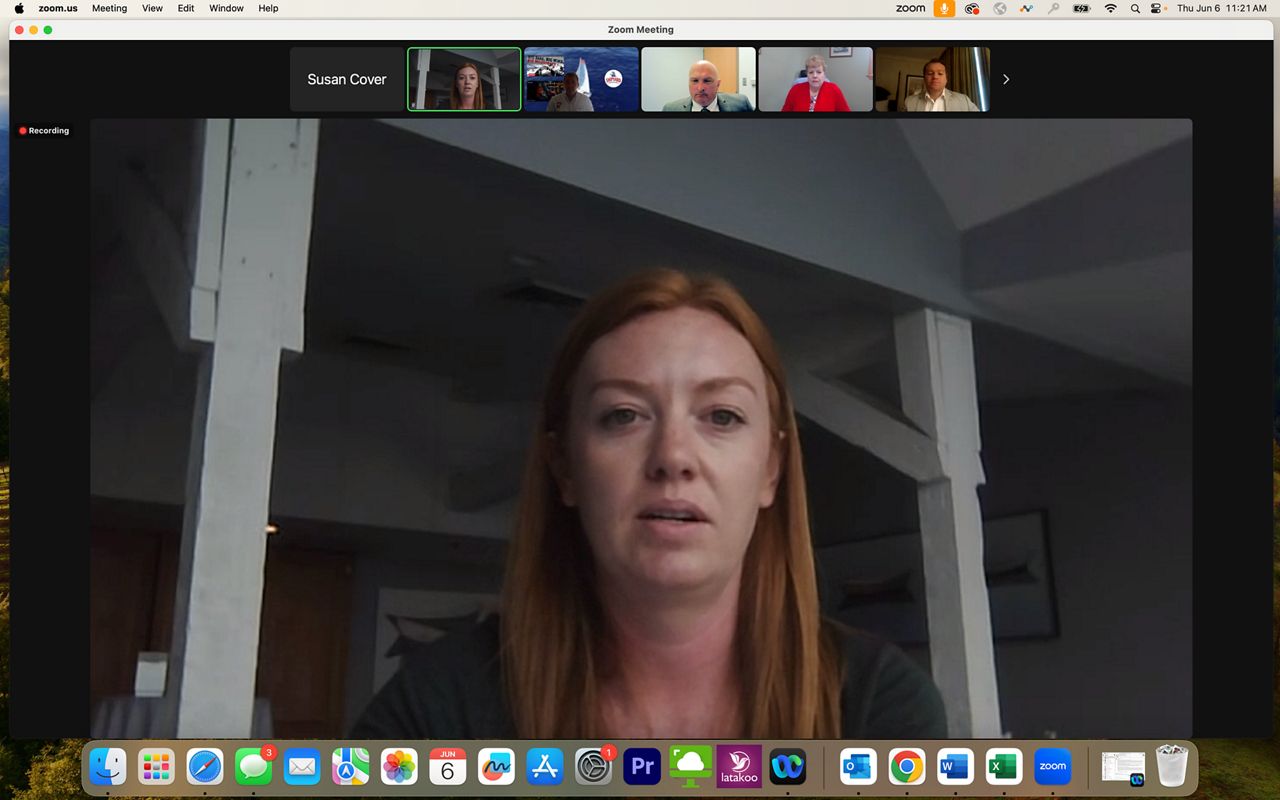 Jill Moses, owner of Three Dollar Deweys in Portland, talks about her concerns with a new paid family and medical leave program during a Zoom roundtable on Thursday. (Screenshot via Spectrum News)