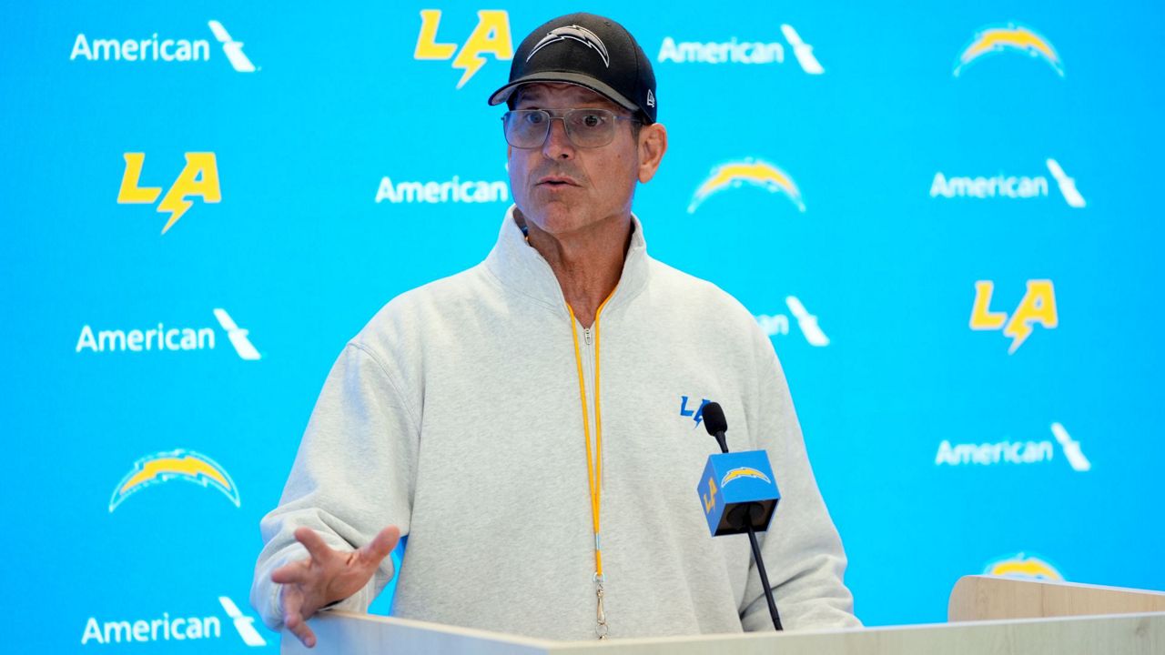 Los Angeles Chargers head coach Jim Harbaugh speaks at a news conference after NFL football training camp Monday, July 29, 2024, in El Segundo, Calif. (AP Photo/Ryan Sun)