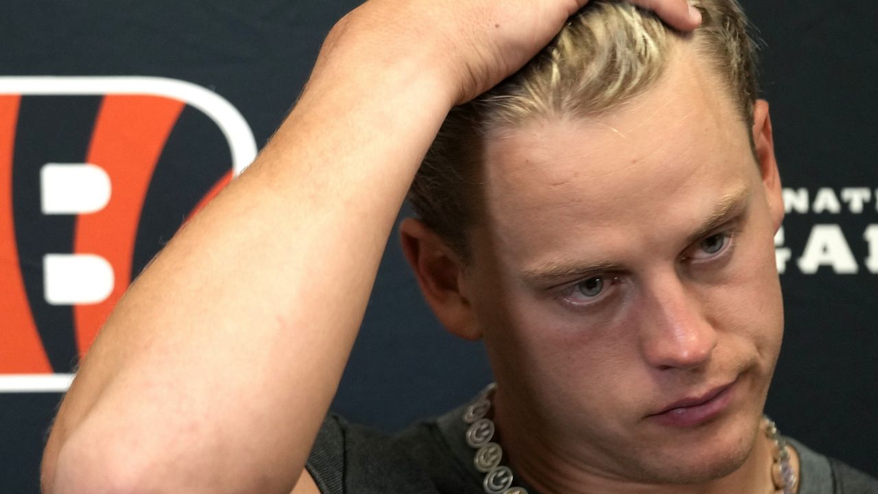 Cincinnati Bengals quarterback Joe Burrow talks to the media after a loss to the Kansas City Chiefs during an NFL football game, Sunday, Sept. 15, 2024 in Kansas City, Mo. (AP Photo/Ed Zurga)