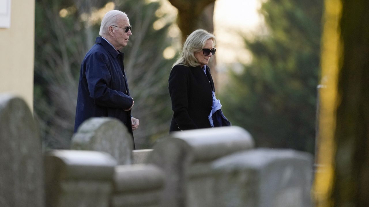 President Joe Biden and first lady Jill Biden arrive at St. Joseph on the Brandywine Catholic Church in Wilmington, Del., on Wednesday, Dec. 18, 2024. Wednesday marks the 52nd anniversary of the car crash that killed Joe Biden's first wife Neilia Hunter Biden and 13-month-old daughter Naomi. (AP Photo/Ben Curtis)