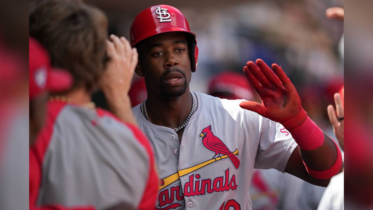 St. Louis Cardinals' Jordan Walker high fives teammates in the dugout after scoring on a double hit by Alec Burleson during the second inning of a spring training baseball game, Tuesday, March 26, 2024, in Mesa, Ariz. (AP Photo/Matt York)