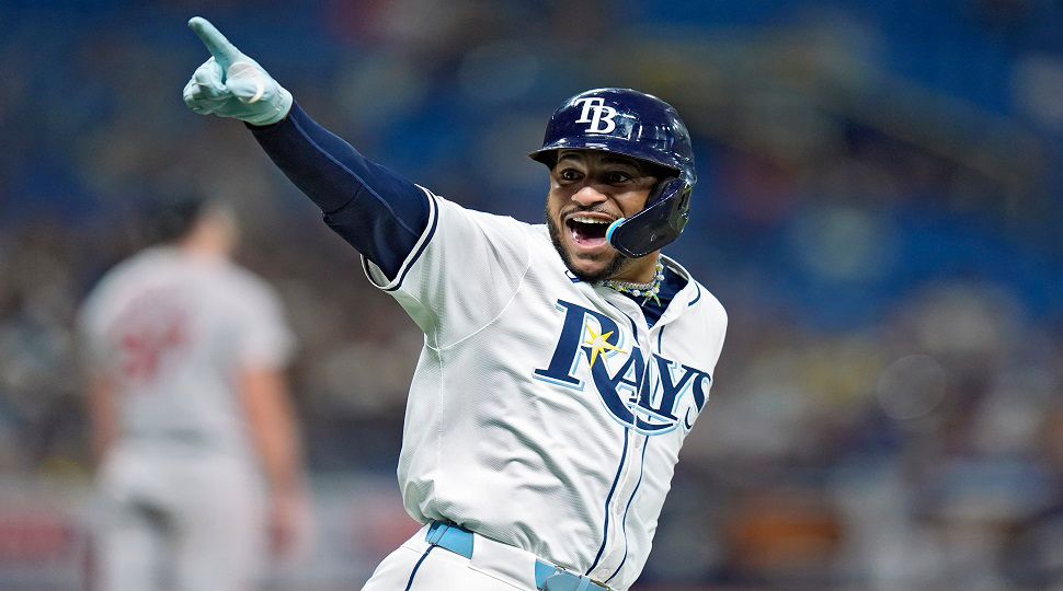 Tampa Bay Rays' Jose Siri celebrates after hitting a solo home run off Boston Red Sox starting pitcher Nick Pivetta during the fifth inning of a baseball game Tuesday, Sept. 17, 2024, in St. Petersburg, Fla. (AP Photo/Chris O'Meara)