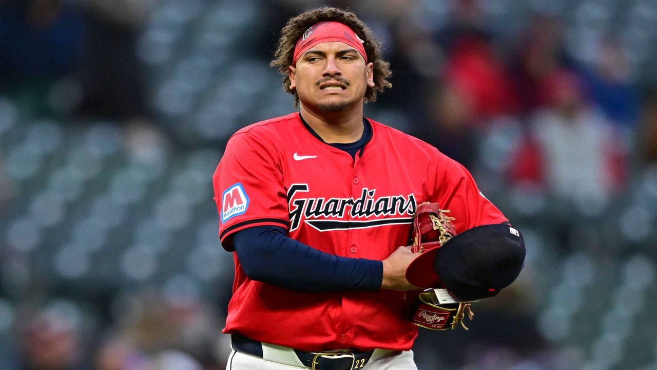 Cleveland Guardians' Josh Naylor reacts after grounding out during the sixth inning of the team's baseball game against the Boston Red Sox, Wednesday, April 24, 2024, in Cleveland. (AP Photo/David Dermer)