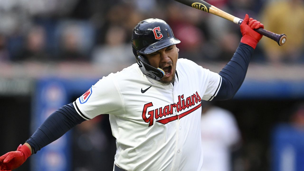 Cleveland Guardians' Josh Naylor celebrates his two-run home run off Oakland Athletics starting pitcher Alex Wood during the fifth inning of a baseball game Saturday, April 20, 2024, in Cleveland. (AP Photo/Nick Cammett)