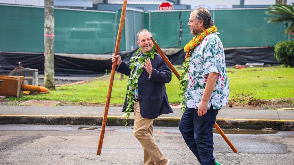 Gov. Josh Green and Salesforce CEO Marc Benioff chatted during the groundbreaking for the Benioff Medical Center in Hilo in April. (Office of Gov. Josh Green)