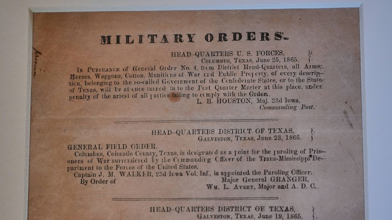 A view of a section of the 1865 Juneteenth General Order No. 3 that is displayed by the Dallas Historical Society at the Fair Park Hall of State in Dallas, Friday, June 6, 2025. (AP Photo/LM Otero)