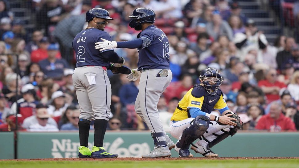 Tampa Bay third baseman Junior Caminero hit a two-run home run in the third inning against Boston on Saturday.