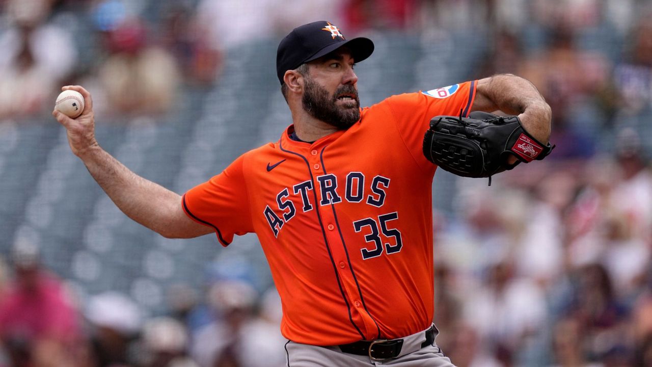 Houston Astros starting pitcher Justin Verlander throws to the plate during the first inning of a baseball game against the Los Angeles Angels Sunday, June 9, 2024, in Anaheim, Calif. (AP Photo/Mark J. Terrill)