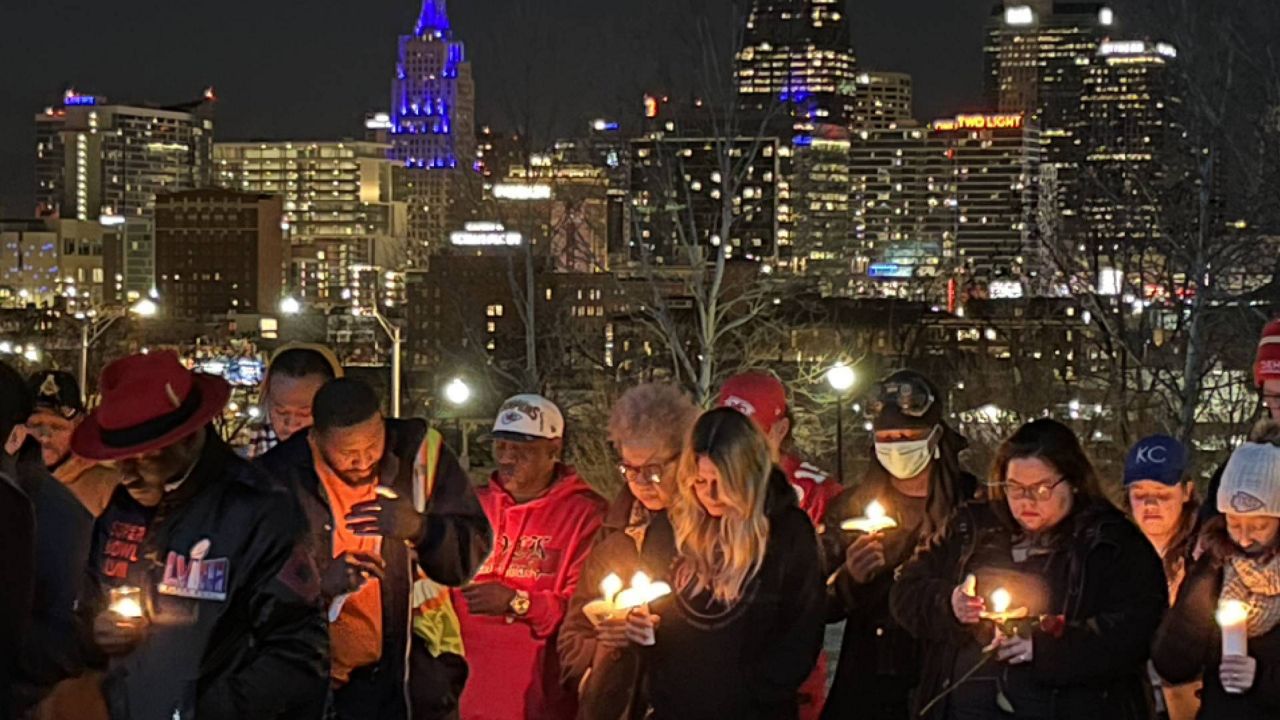 On Thursday Feb. 15, the Kansas City community gathered at a prayer vigil to honor the victims of Wednesday's shooting at the conclusion of the Chiefs' Super Bowl victory parade. The gathering also suggested resources for anyone struggling with mental health or looking to prevent or mediate conflicts. (Spectrum News/Gregg Palermo)