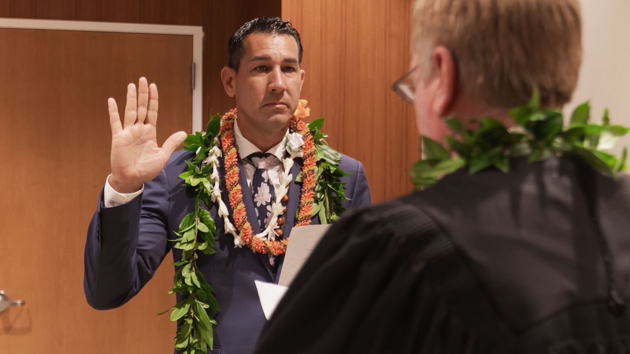 Kai Kahele was sworn in as the new chair of Office of Hawaiian Affairs Board of Trustees at a ceremony on Wednesday. (Office of Hawaiian Affairs)