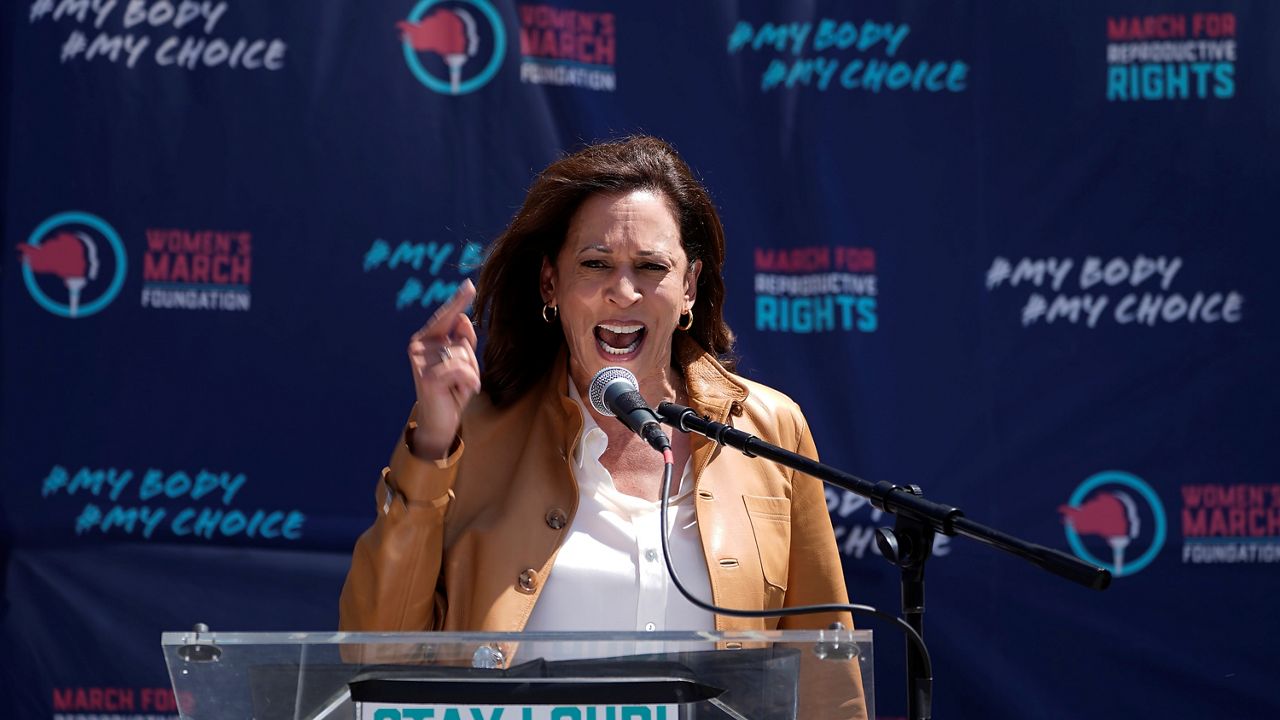 Vice President Kamala Harris gives remarks at the Women's March in Los Angeles Saturday, Apr. 15, 2023. Nationwide rallies come after the U.S. Supreme Court intervened Friday to delay rule changes that would have limited the way the abortion drug mifepristone could be used and dispensed, to give itself more time to review the matter more thoroughly. (AP Photo/Damian Dovarganes)