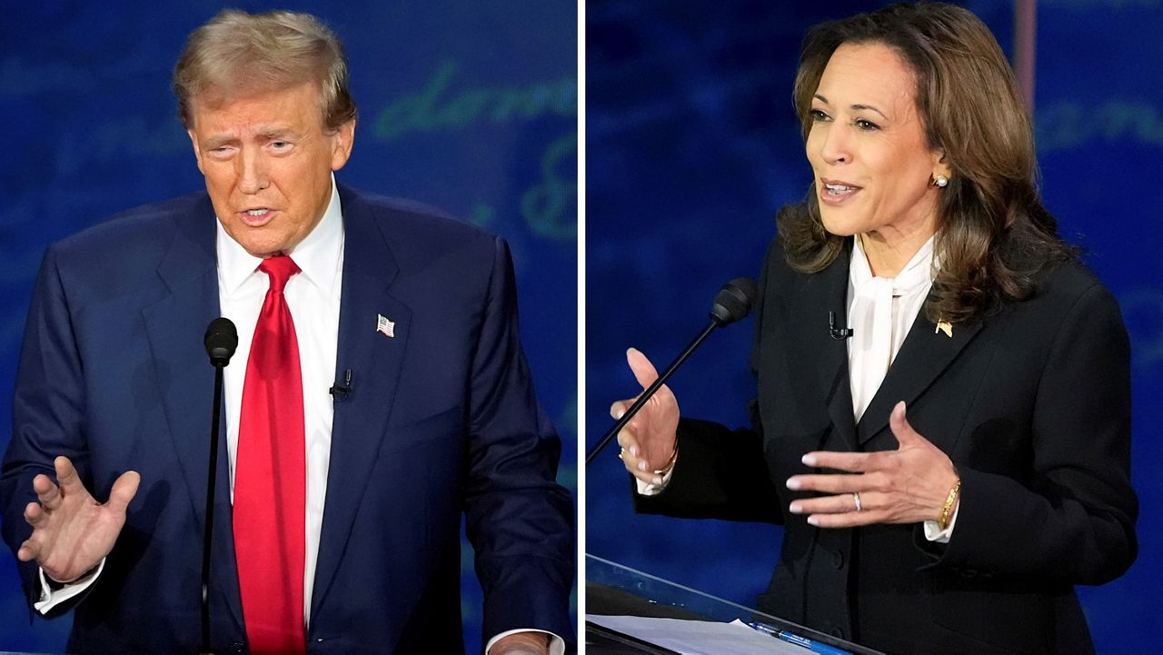 This combination of photos shows Republican presidential nominee former President Donald Trump, left, and Democratic presidential nominee Vice President Kamala Harris during an ABC News presidential debate at the National Constitution Center, Tuesday, Sept. 10, 2024, in Philadelphia. (AP Photo/Alex Brandon)