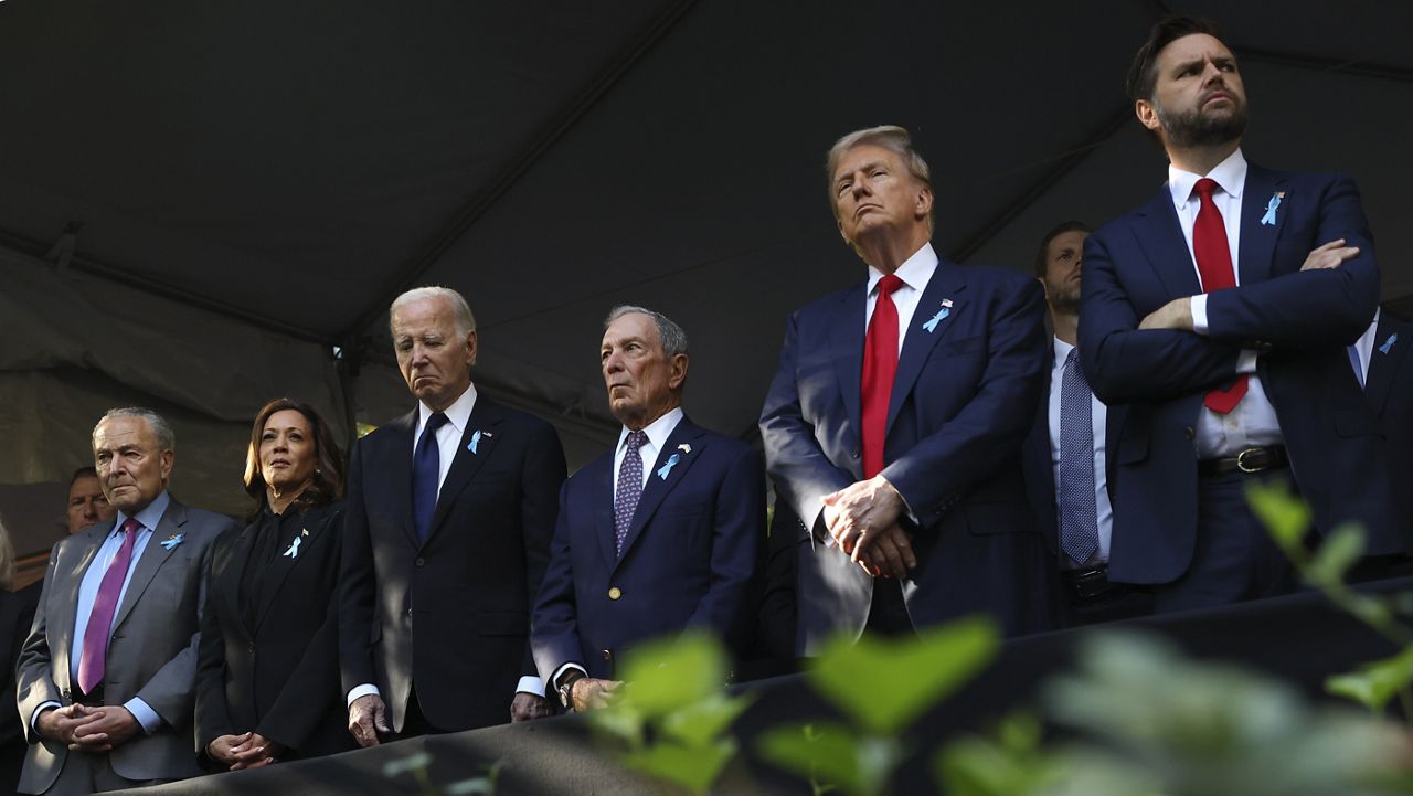 From left, Sen. Chuck Schumer, D-NY, Democratic presidential nominee Vice President Kamala Harris, President Joe Biden, Michael Bloomberg, Republican presidential nominee former President Donald Trump and Republican vice presidential nominee Sen. JD Vance, R-Ohio, attend the 9/11 Memorial ceremony on the 23rd anniversary of the Sept. 11, 2001 attacks, on Sept. 11, 2024, in New York. (AP Photo/Yuki Iwamura, File)